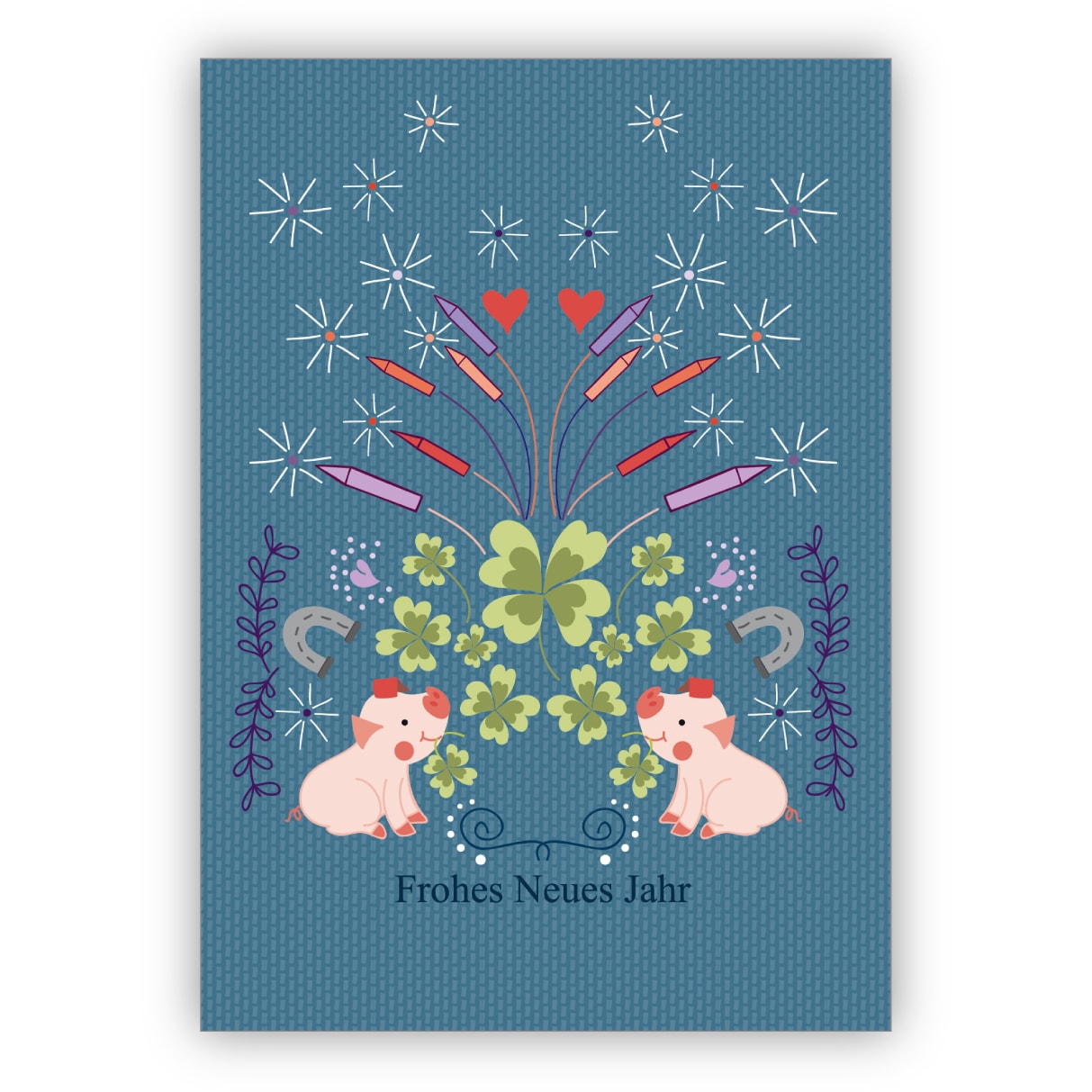 Nette Silvesterkarte mit Glücks Schwein und Raketen: Frohes Neues Jahr