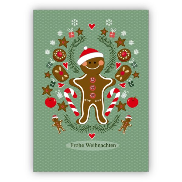 Fröhliche grüne Weihnachtskarte mit Herz und süßem Lebkuchenmann: Frohe Weihnachten