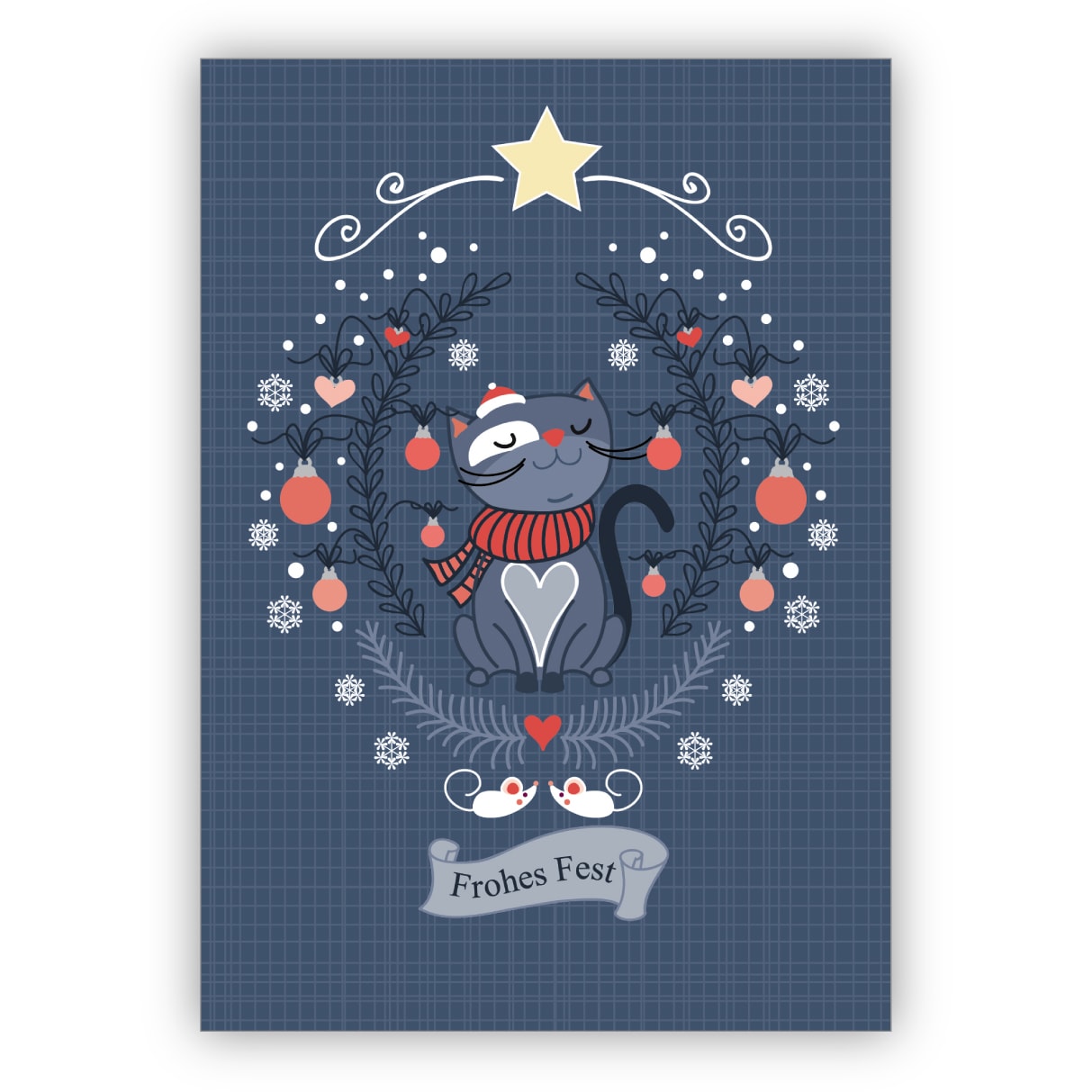 Fröhliche blaue Weihnachtskarte mit Herz und süßer Katze: Frohes Fest