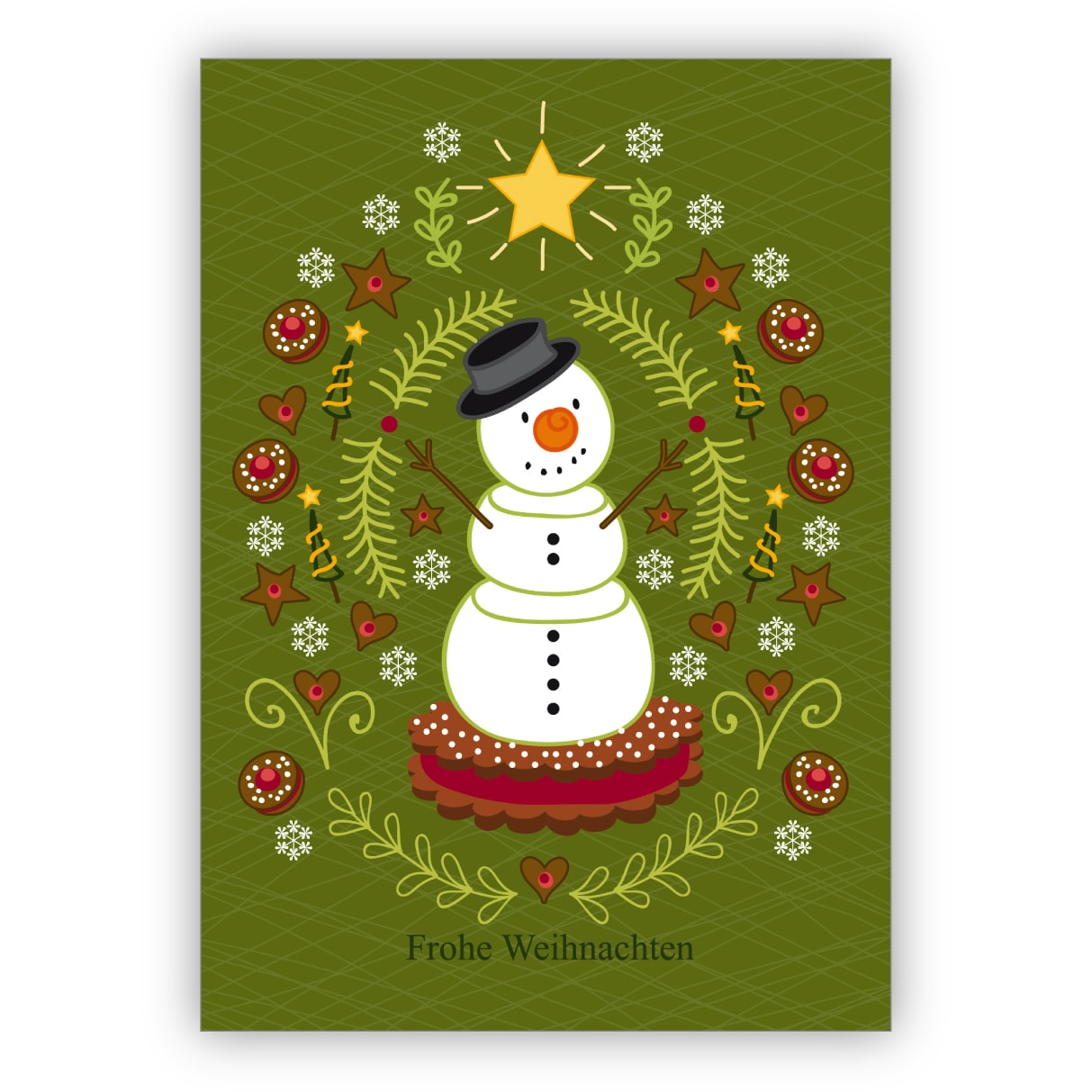 Fröhliche grüne Weihnachtskarte mit Schneemann und Keksen: Frohe Weihnachten