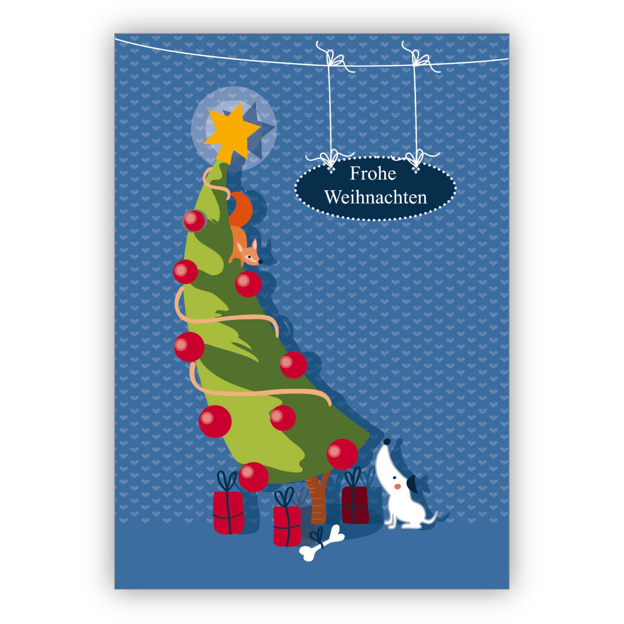 Lustige Weihnachtskarte mit Eichhörnchen auf Weihnachtsbaum: Frohe Weihnachten