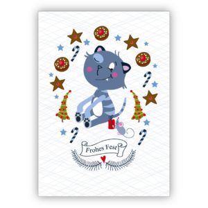 Lustige Weihnachtskarte mit Herz und frecher Katze: Frohes Fest
