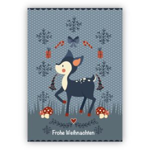 Süße blaue Weihnachtskarte mit Bambi Kitz: Frohe Weihnachten