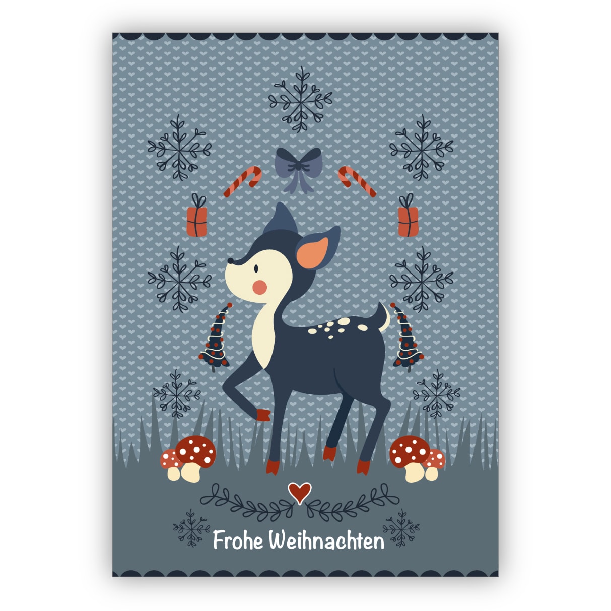 Süße blaue Weihnachtskarte mit Bambi Kitz: Frohe Weihnachten