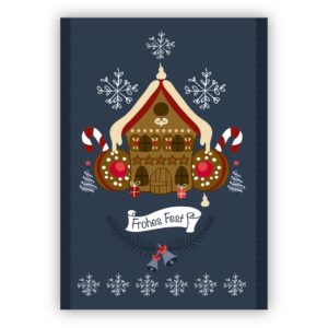 Süße Weihnachtskarte mit leckerem Lebkuchenhaus und Keksen: Frohes Fest