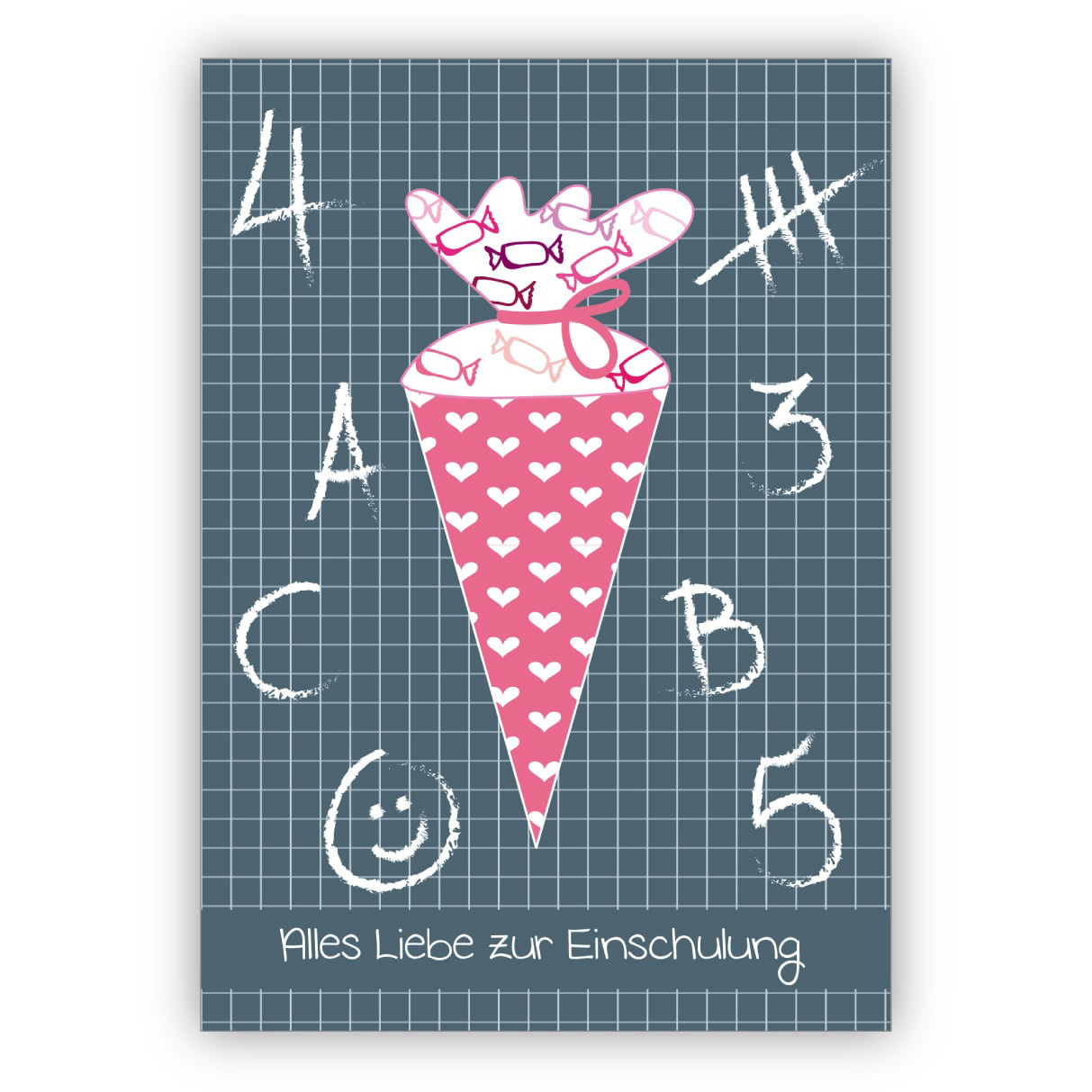 Niedliche Einschulungskarte mit rosa Schultüte und ABC: Alles Liebe zur Einschulung