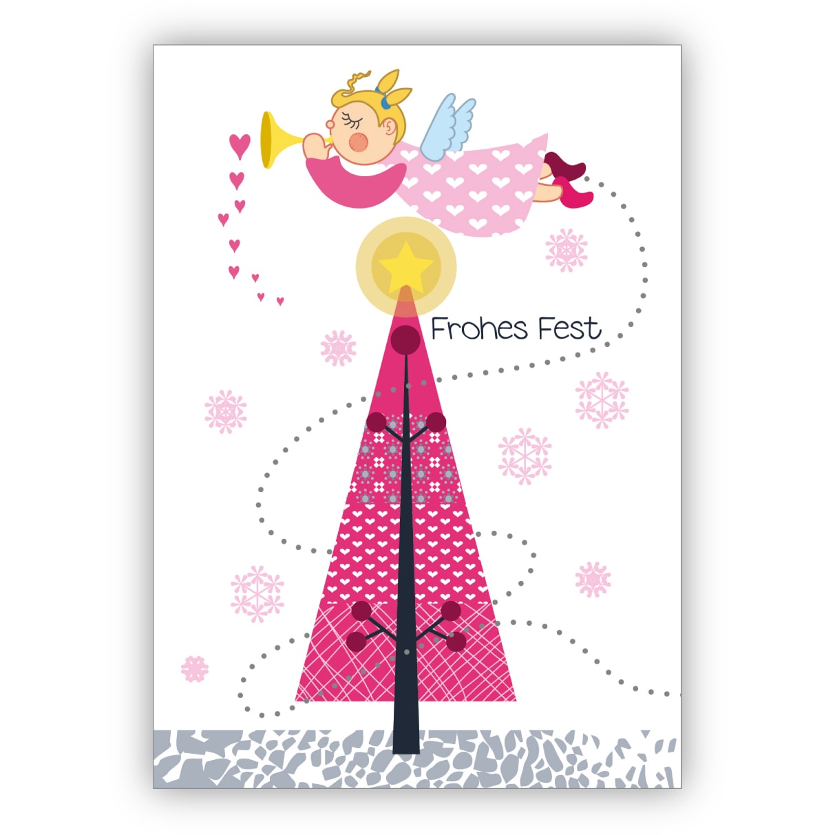 Niedliche Retro Weihnachtskarte mit Weihnachtsbaum und musizierendem Engel: Frohes Fest
