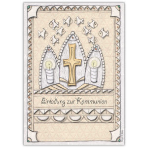 Edle Einladungskarte zur Kommunion: Einladung zur Kommunion mit Kerzen, Fischen und Kreuz