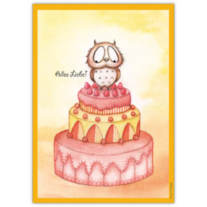 Niedliche Geburtstagskarte mit süßen Eulen auf Torte: Alles Liebe! - nicht nur zum Geburtstag
