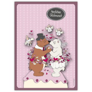 Traumhafte Hochzeitskarte mit süßem Bären Brautpaar: Herzlichen Glückwunsch
