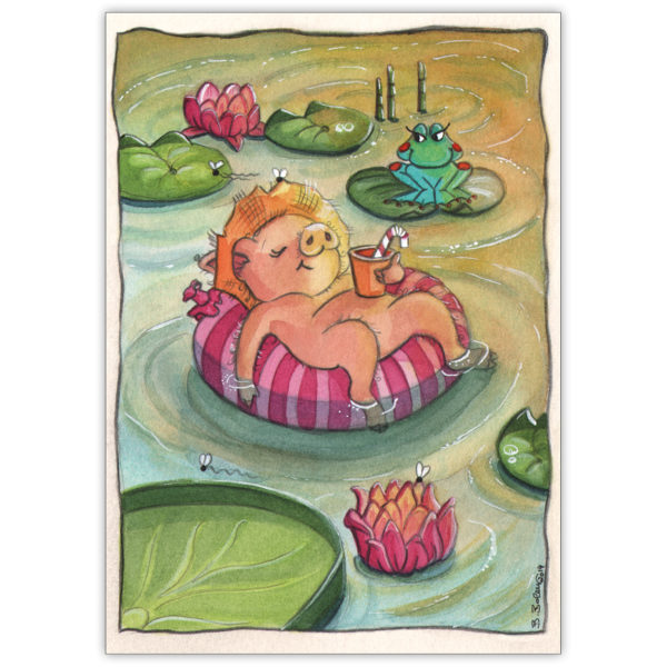lustige Sommer Grußkarte mit dem entspannten badenden Schweinchen