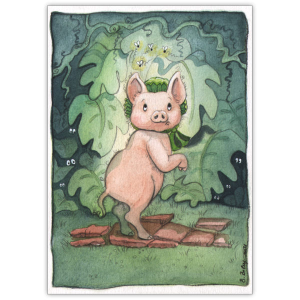 Schöne Grußkarte mit süßen Schweinchen im Sommernachts Traum