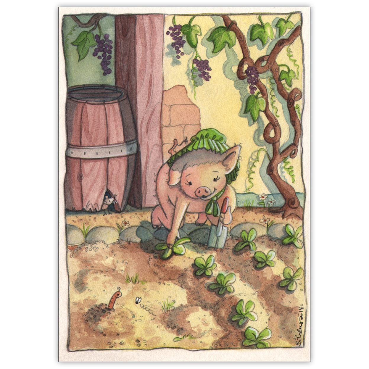 Niedliche Grußkarte für Gärtner mit pflanzendem Schweinchen