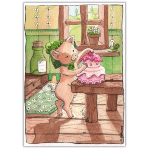 Süße Geburtstagskarte mit Kuchen backendem Schweinchen