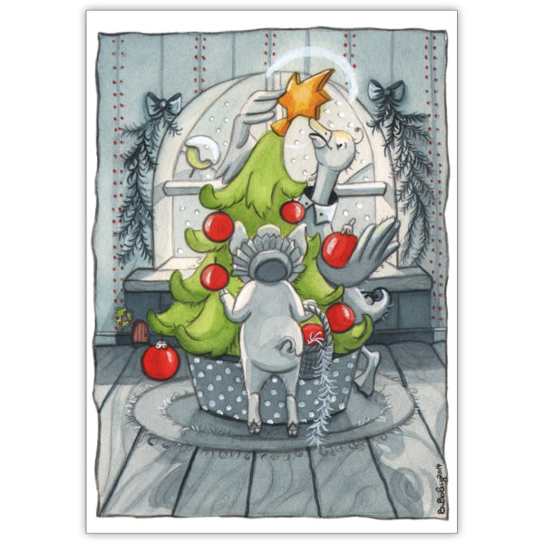 Tolle illustrierte Weihnachtskarte mit Schweinchen, Gans und Weihnachtsbaum