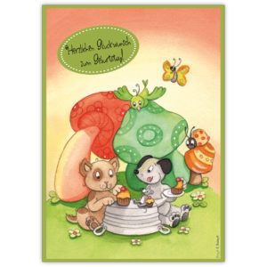 Niedliche Kinder Geburtstagskarte mit süßen Tierchen: Herzlichen Glückwunsch um Geburtstag!