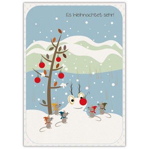 Hinreißende Weihnachtskarte mit kleinen Mäusen vor Schneemann: Es weihnachtet sehr!