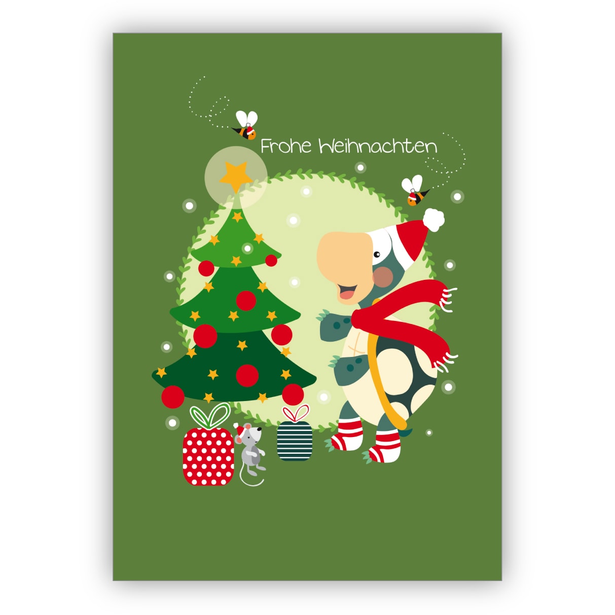 Süße grüne Weihnachtskarte mit Schildkröte vor Weihnachtsbaum: Frohe Weihnachten