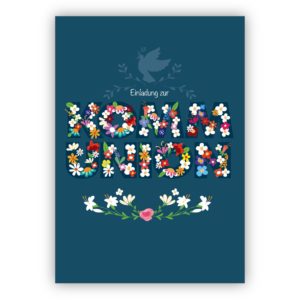 Schöne Blüten Einladungskarte zur Kommunion mit Blüten und Taube: Einladung zur Kommunion