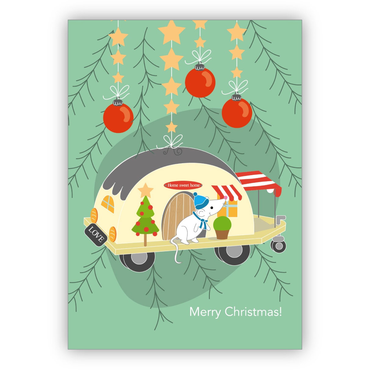 Niedliche Camping Weihnachtskarte mit kleiner Maus im Weihnachtsbaum: Merry Christmas