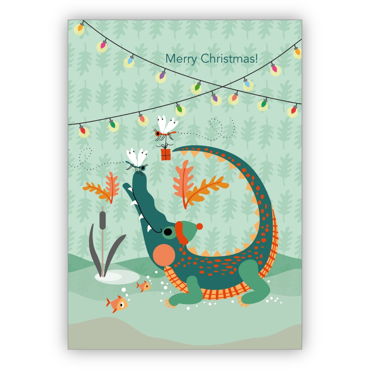 Komische Weihnachtskarte mit kleinem Krokodil und Schmwtterlingen: Merry Christmas