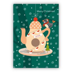 Schöne Weihnachtskarte mit Vogel und Teekannen Vogelhäuschen: Merry Christmas