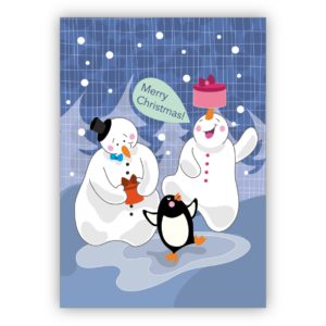 Fröhliche Weihnachtskarte mit Schneemännern und Pinguin: Merry Christmas