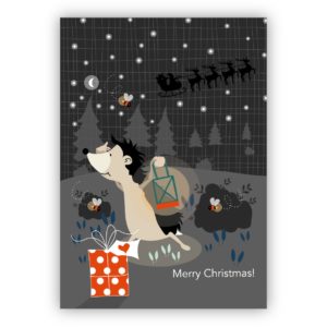 Nette Weihnachtskarte mit Igel und Weihnachts Schlitten: Merry Christmas