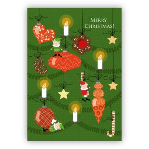 Schöne Weihnachtskarte mit niedlichen Weihnachts Ornamenten und Wichteln: Merry Christmas