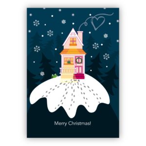 Tolle Weihnachtskarte mit Häuschen in Winter Nacht: Merry Christmas