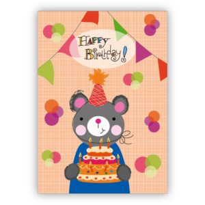 Lustige Kinder Geburtstagskarte mit kleinem Bär und Geburtstagstorte: Happy Birthday