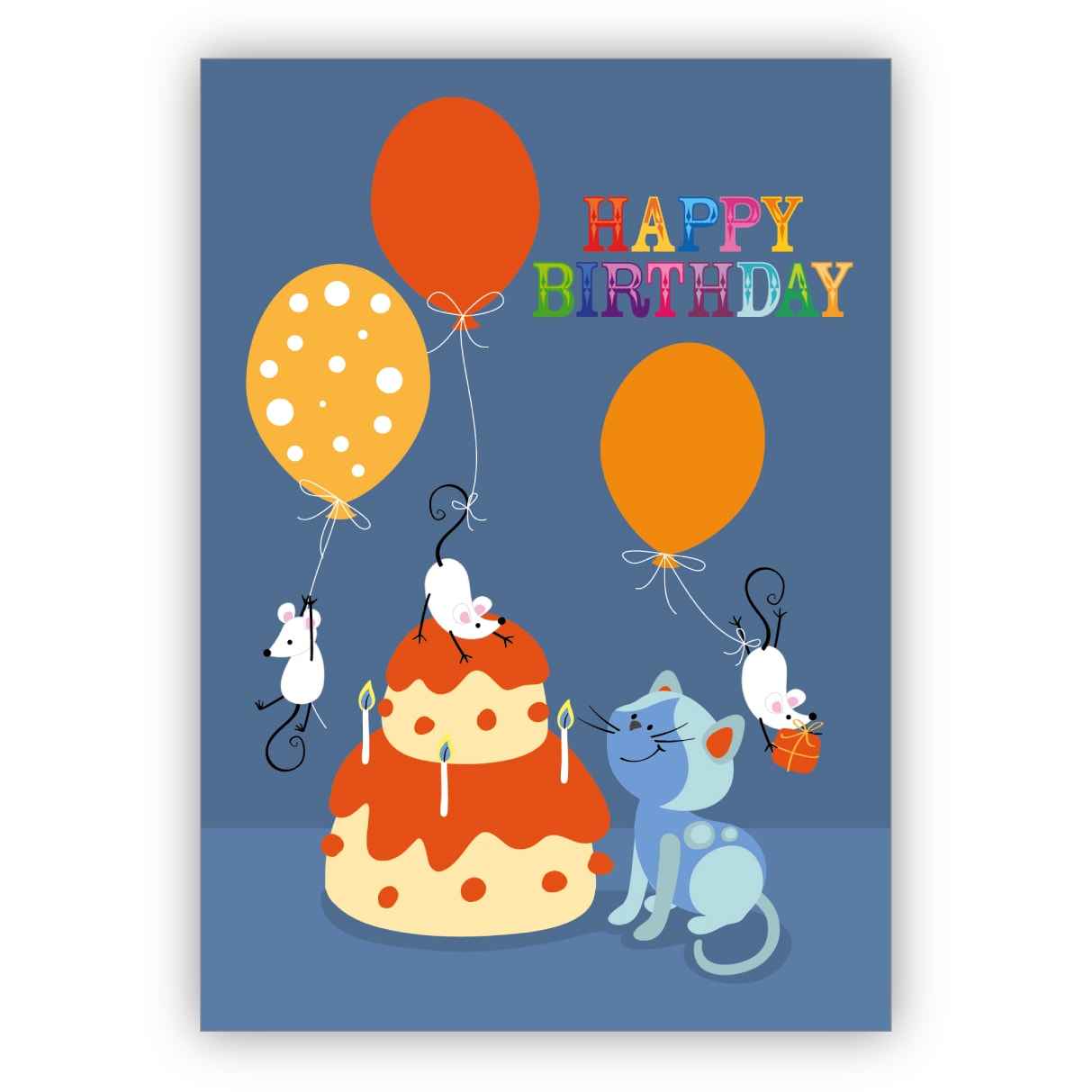 Komische Geburtstagskarte mit Torte, Katze, Mäusen und Luftballons: Happy Birthday