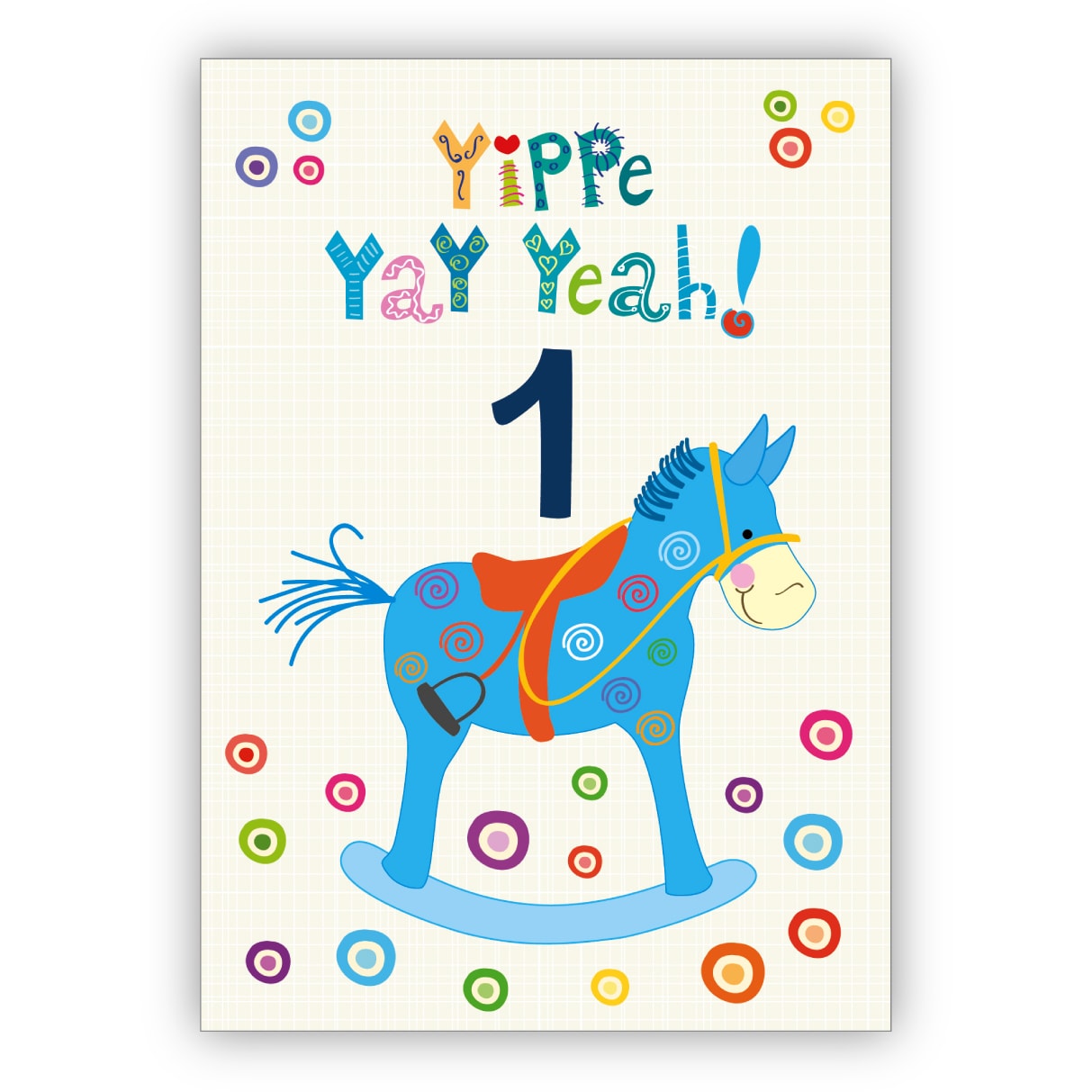 Süße Kinder Glückwunschkarte als Geburtstagskarte zum 1. Geburtstag mit Schaukelpferd: Yippe Yay Yeah