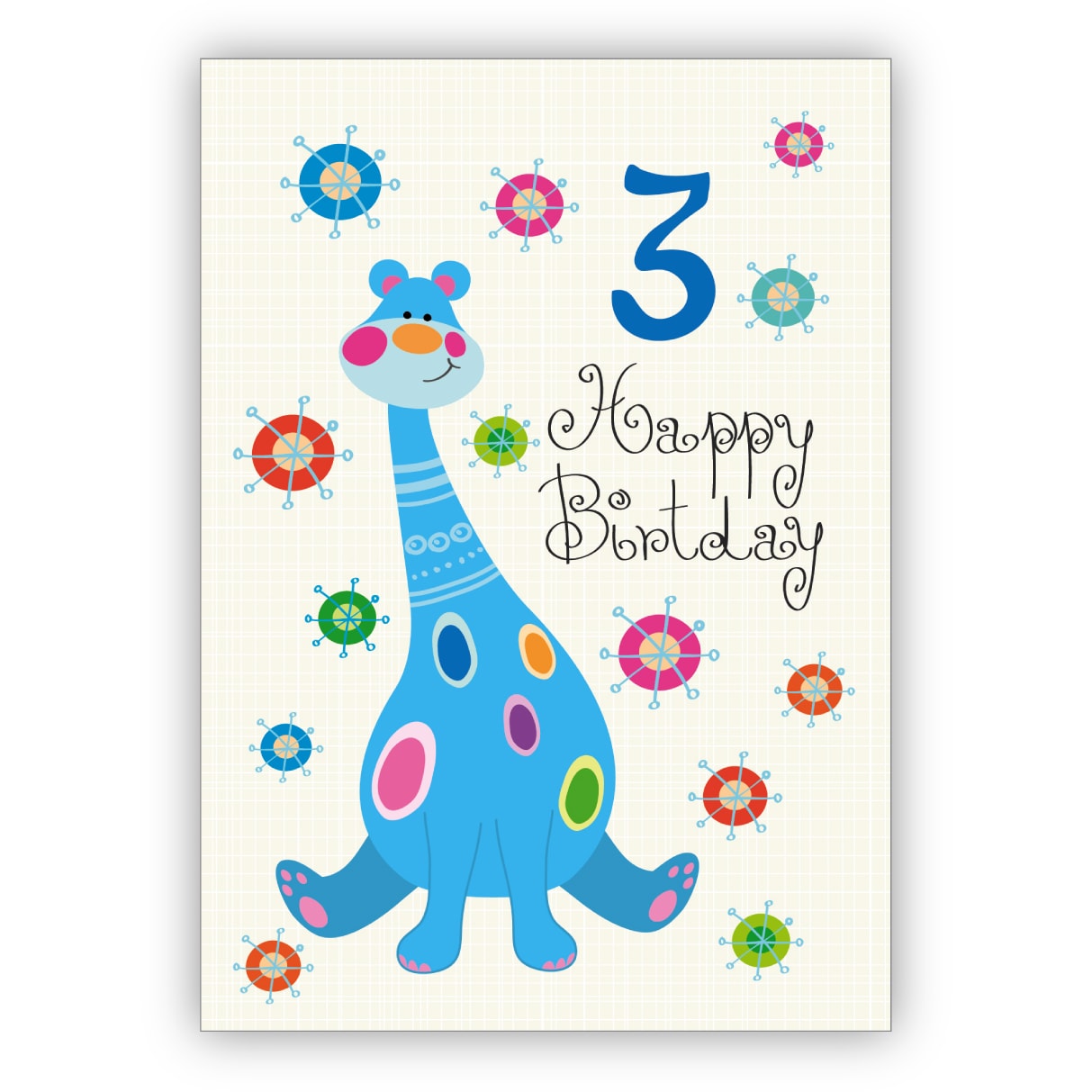 Schöne Kinder Glückwunschkarte als Geburtstagskarte zum 3. Geburtstag mit Dinosaurier: Happy Birthday