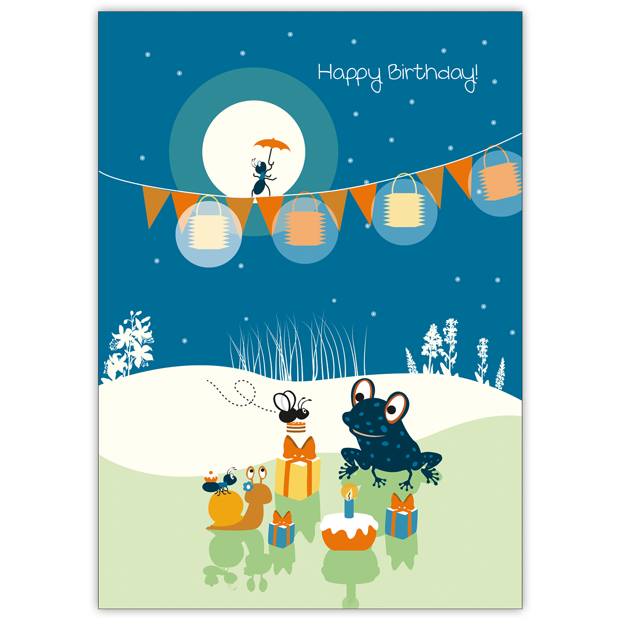 Tolle abendliche Geburtstags Party Glückwunschkarte mit niedlichem Frosch und Freunden