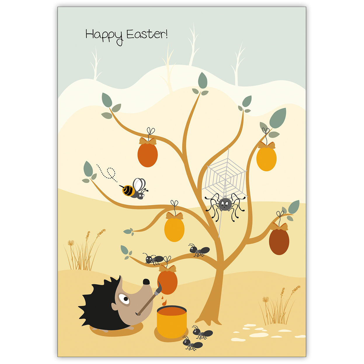 Lustige Oster Karte mit Igel und fleißigen Helfern: Happy Easter