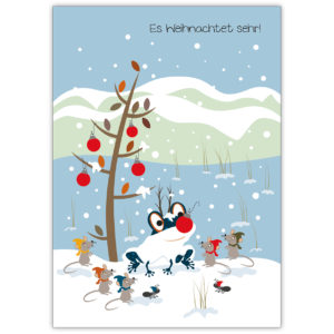 süße Weihnachtskarte mit Frosch Schneemann und Mäusen: Es weihnachtet sehr!