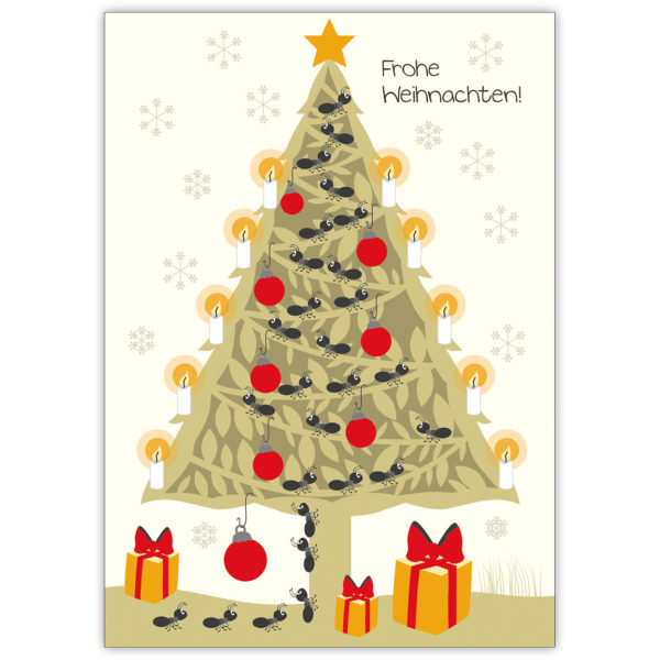 Süße Weihnachtskarte mit Weihnachtsbaum und Ameisen als Baum Kette: Frohe Weihnachten!