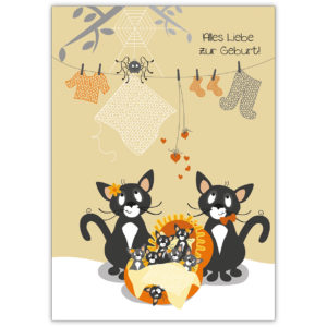 Zauberhafte Babykarte mit niedlicher Katzen Familie: Alles Liebe zur Geburt!
