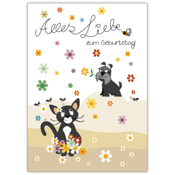 Zauberhafte Geburtstagskarte mit Katz und Hund im Blüten Regen: Alles Liebe zum Geburtstag!