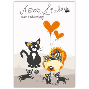 Zauberhafte Muttertagskarte mit niedlicher Katzen Mami und ihren Babys: Alles Liebe zum Muttertag!