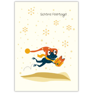 Süße Weihnachtskarte: Schöne Feiertage! Wünscht dieser Weihnachts Frosch, der noch schnell ein Geschenk bringt.