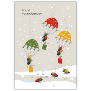 Lustige Weihnachtskarte: Frohe Weihnachten! wünschen diese Fallschirm springenden Ameisen im Schnee