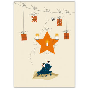 Niedliche Frosch Weihnachtskarte mit Stern, Kerzen und Geschenken