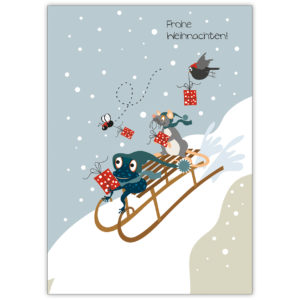 Nette Weihnachtskarte mit lustiger Schlittenfahrt von Frosch und Maus: Frohe Weihnachten!
