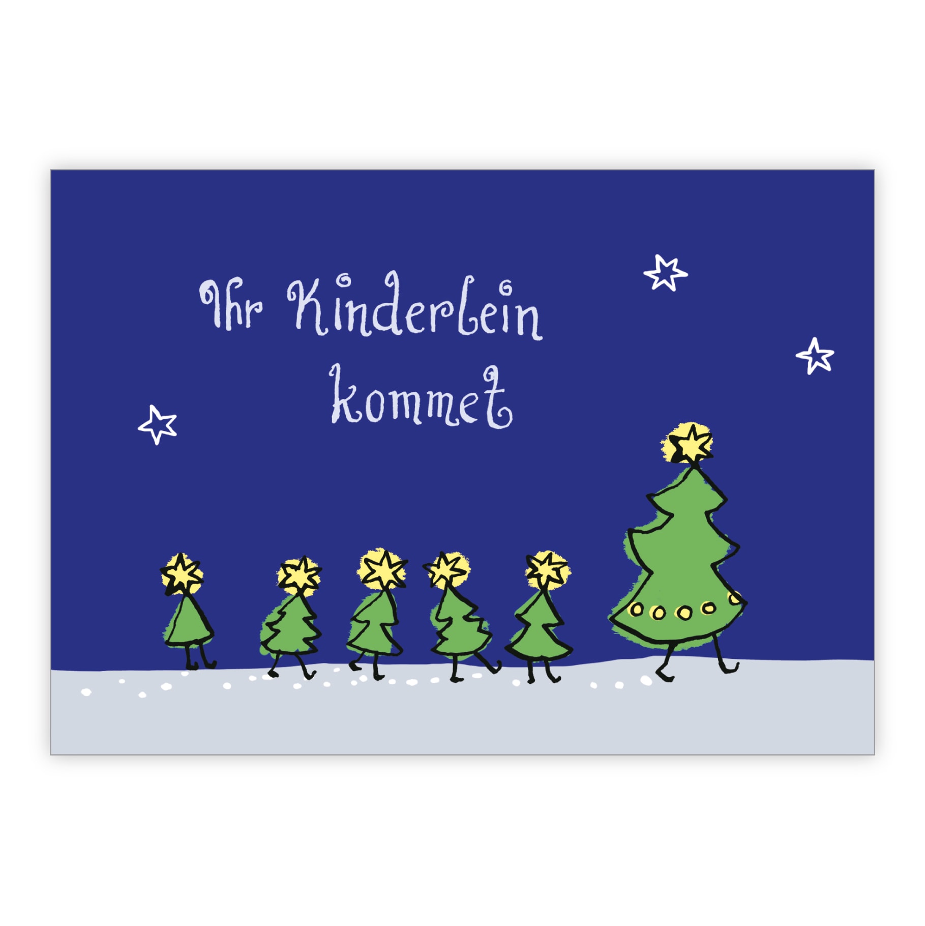 Niedliche Weihnachtsbaum Weihnachtskarte mit Tannenbäumen: Ihr Kinderlein kommet
