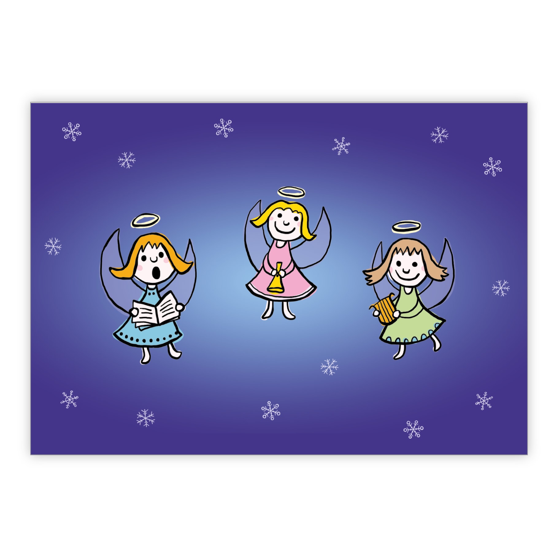Süße Weihnachtkarte mit Engel Chor und Schneeflocken