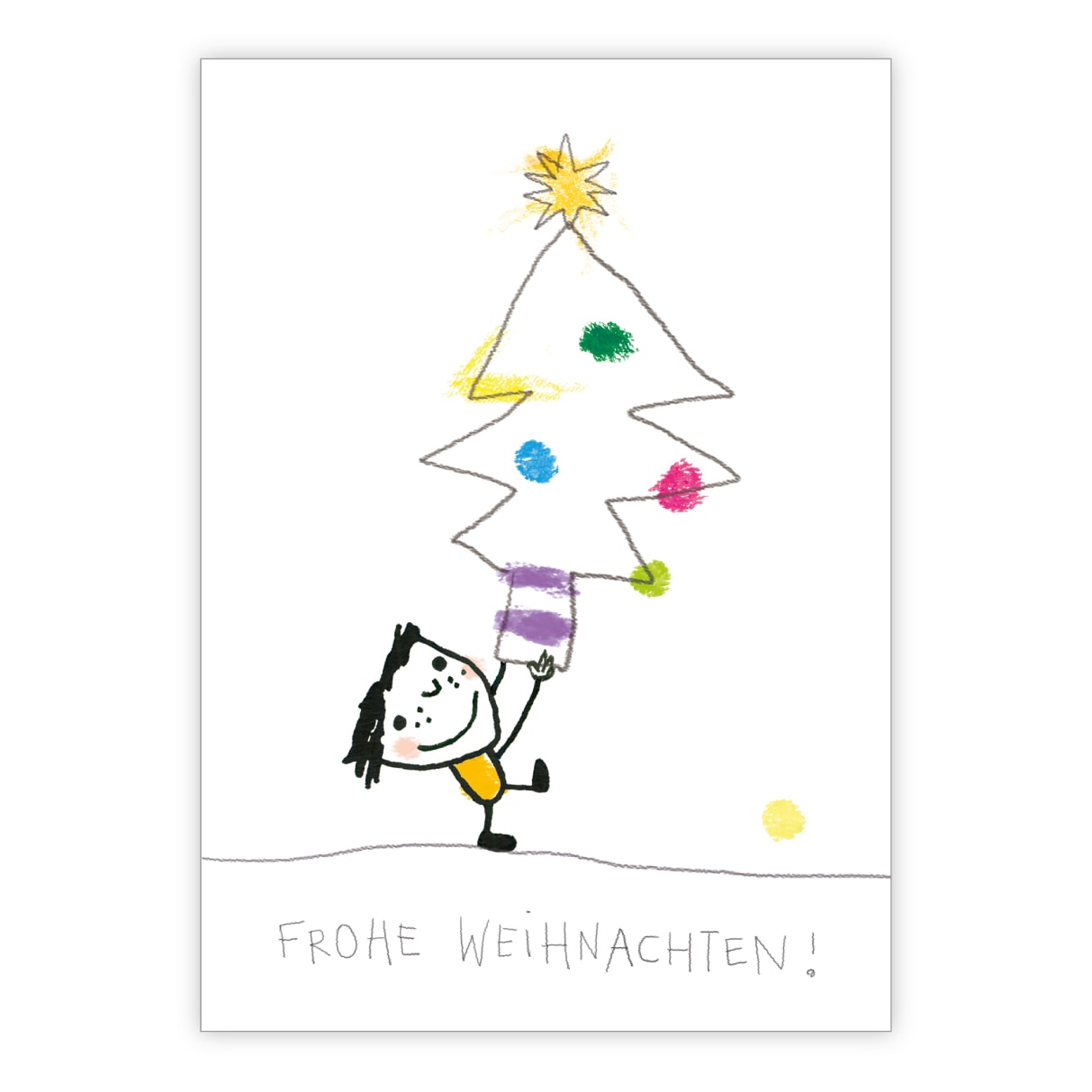 Fröhliche Weihnachtskarte mit Kind mit Weihnachtsbaum: Frohe Weihnachten