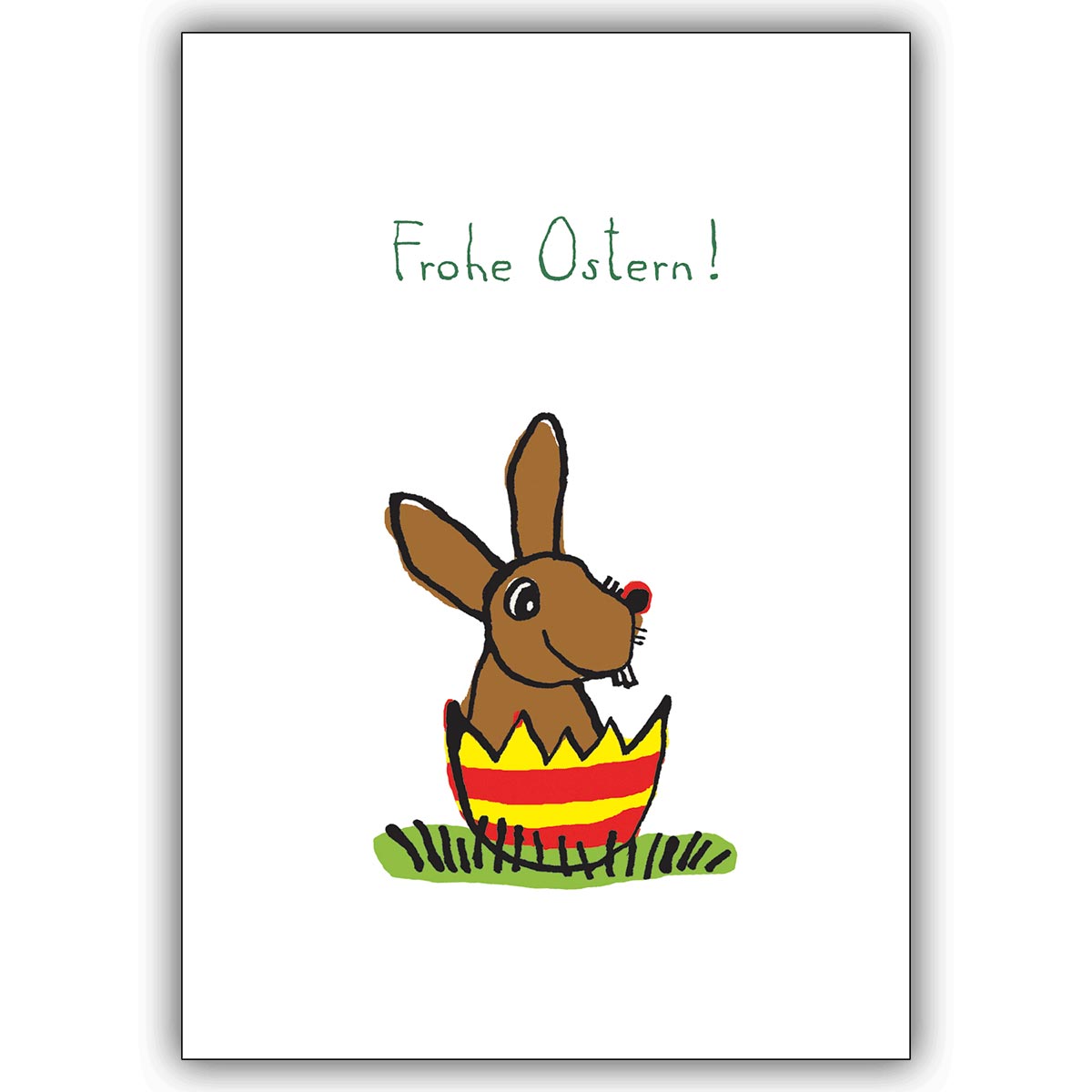 Fröhliche Osterkarte mit Osterhasen im bunten Osterei: Frohe Ostern