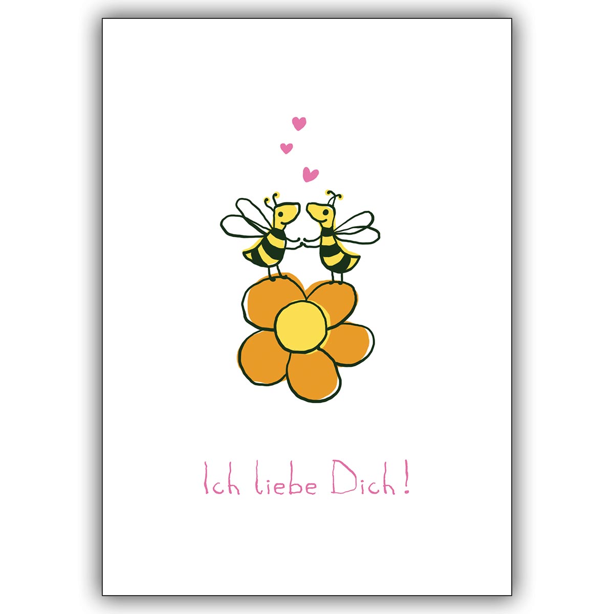 Romantische Liebeskarte mit verliebten Bienen auf Blume: Ich liebe Dich!